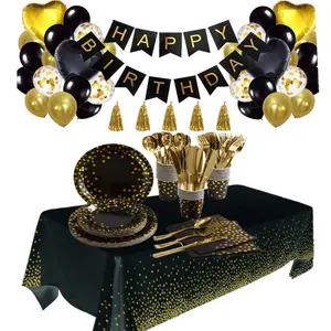 Black and Gold Party Supplies Gold Foiled Polka Dot Disposable Dinnerware Set for School Graduation Birthday