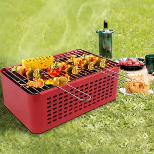 Draagbare Barbecue Grills Rode Mini Vierkante Gaan Overal Tafel Top Houtskool Bbq Grill