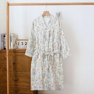 Vestaglia da Notte Donna in Cotone Gauze con Stampa Floreale Pastorale, Scollo a V, Maniche Lunghe, Asciugatura Rapida, Doppio Strato Sottile e Vestibilità Ampia, Primavera Estate, ODM - Product Image 1