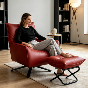 Sillón Giratorio <span class=keywords><strong>de</strong></span> Cuero con Reposapiés, Relleno <span class=keywords><strong>de</strong></span> <span class=keywords><strong>Plumón</strong></span> <span class=keywords><strong>de</strong></span> <span class=keywords><strong>Pato</strong></span> y Espuma, Base <span class=keywords><strong>de</strong></span> Acero al Carbono Negro Mate, Sillón Reclinable <span class=keywords><strong>de</strong></span> Descanso - Product Image 4