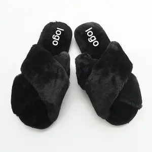 High-quality Cross Top Woolen Slippers Women's Autumn Winter Bottom Comfortable Warm Black Fur Slippers for the UK