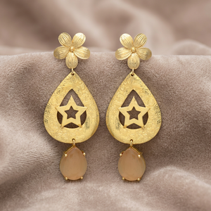 Boucles d'oreilles pendantes en forme de goutte d'eau, motif fleur, plaqué or, pierres précieuses, faites à la main, pour fiançailles et mariage - Product Image 3