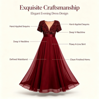 Robe de soirée longue en mousseline de soie à sequins, col en V, manches courtes, taille empire, coupe trapèze, respirante, pour mariage, demoiselle d'honneur, fête, ODMOEM
