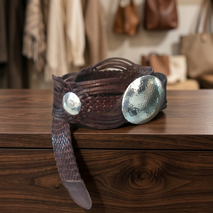 Ceintures tressées en cuir véritable avec conchos argentés, style classique, unisexe, marron, noir, design tissé - Product Image 2
