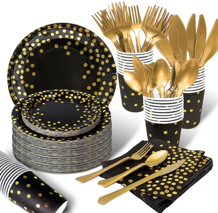 Black Gold Party Supplies Louça Garfos De Ouro Facas Golden Dot Placas De Papel Preto Copos De Guardanapo para Graduação Aniversário De Casamento