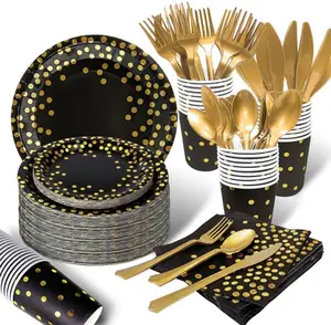 Black & Gold Party Supplies Geschirr Gold Gabeln Messer Golden Dot Black Papp teller Servietten becher für Abschluss Geburtstag Hochzeit