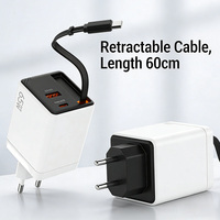 Pengisi Daya Cepat 65W GaN 2-Port dengan Kabel Retractable, Pengisi Daya Dinding Portabel PD QC3.0 Proteksi OTP/OVP untuk Laptop dan Kamera