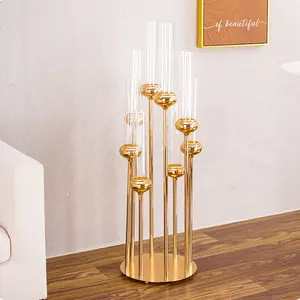 8 Arms Round Base Iron Metal Candlestick Wedding Candle Holder Gold Centerpiece for Wedding Table Party Banquet Home Decoration