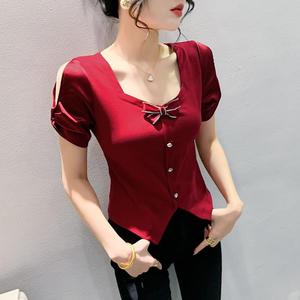 Nouveau T-<span class=keywords><strong>shirt</strong></span> <span class=keywords><strong>chic</strong></span> pour <span class=keywords><strong>femme</strong></span>, design <span class=keywords><strong>original</strong></span>, épaules dénudées, manches courtes, avec nœud et boucle, tendance et élégant pour l'été - Product Image 1