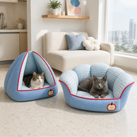 Lit rembourré pour chat avec espace ouvert et maisonnette semi-fermée, coussin à carreaux séparé pour chats d'intérieur