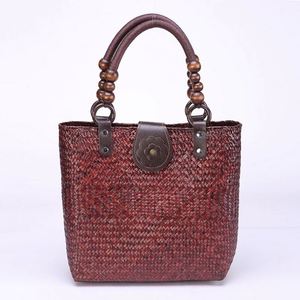 Women's Ethnic Handmade Seaweed Woven Bag Portable Shoulder Bag <b>Chains</b> Travel Holidays Beach <b>Handbag</b> with Beads Handle - Product Image 4