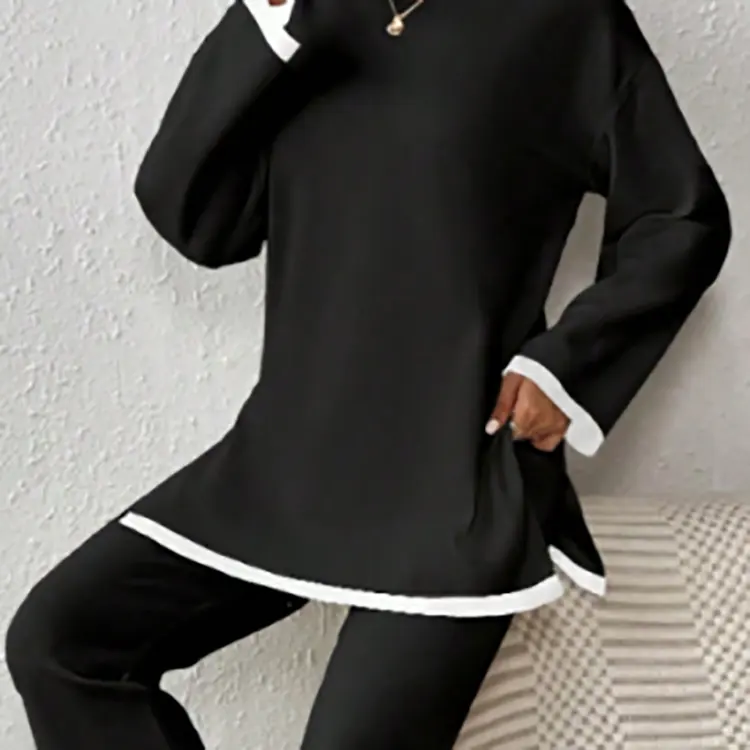 2024 New Style Temperament Contrast Color Split Long Sleeve Knitted High Waist Slim Wide Leg Pants Women'S Set