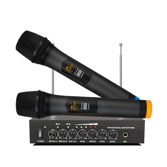 BT Handheld Metal Wireless Microphone with Dual Channel UHF 600-699MHz Black for Portable Speaker Karaoke Singing