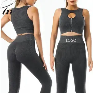 2023 8pcs Seamless Ribbed Fitness Clothing Woman Scrunch Butt Shorts Hollow Out Sexy Crop Top Yoga Suit Workout Gym Sets