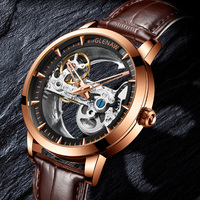 Glenaw luxe classique montre pour hommes squelette automatique mouvement mécanique Hallow sculpté Tourbillon pont Silicone bande verre