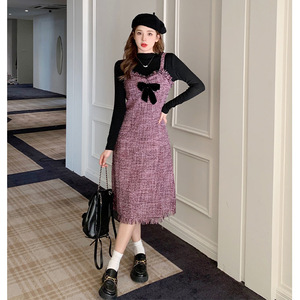 Mengmeng WP-614 Two Piece Set <b>Long</b> Sleeve Top With Bow <b>Slip</b> Dress High Neck Vintage Style Daily Wear Casual Dresses - Product Image 4