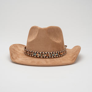 Suede Velvet Roll Edge <span class=keywords><strong>Jazz</strong></span> Hat Western Cowboy Hat Hombres Mujeres Étnico Fedora Hat con banda Vintage al aire libre - Product Image 2