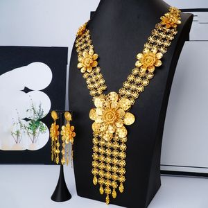Ensemble de bijoux de mariée africains nigérians en or 24 carats de Dubaï, collier pour femmes saoudiennes, boucles d'oreilles deux pièces - Product Image 3