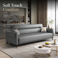 Canapé en cuir gris de luxe moderne trois places, design minimaliste, gain de place, mobilier commercial pour hôtel et appartement
