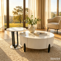 Table basse compacte de salon avec plateau en verre trempé, deux pièces séparées, tiroir coulissant silencieux ovale blanc brillant, fournie par OEM