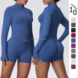 Custom <b>Women</b> Winter Yoga Set <b>Long</b> Sleeve Zipper Jacket High Waist Sports Fitness Yoga <b>Shorts</b> Seamless Yoga Sportswear Gym jacket - Product Image 2