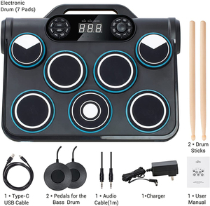 Kit de <span class=keywords><strong>Batterie</strong></span> Électronique Sensible à la Force Manuelle, avec Baguettes, Pad Caisse Claire Tom Africain Midi Auxiliaire, Percussions de Table - Product Image 6