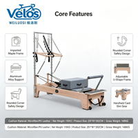 Reformer Pilates Velos Premium en bois massif avec tour demi-trapèze, machine 2-en-1, équipement professionnel de yoga et fitness pour studio