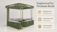 Kiosque de présentation pour bijouterie, panneau en bois vert, cadre en métal doré, éclairage LED, verre trempé pour boutique de centre commercial, magasin éphémère