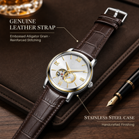 Montre mécanique de haute qualité pour hommes, verre cristal, boîtier en acier inoxydable, bracelet en cuir, squelette, chiffres romains, minimaliste, double affichage
