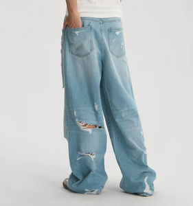 Vaqueros de mezclilla lavados a la piedra de pierna ancha, cintura alta, ajuste holgado, rasgados y desgastados, de algodón, estilo urbano, pantalones para hombre OEM ODM - Product Image 2
