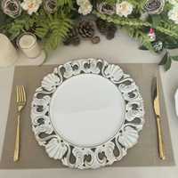 Assiettes de présentation de Noël réutilisables de luxe, vintage, 13 pouces, en plastique blanc, style baroque, avec bordure florale dorée, pour événements, fêtes et mariages
