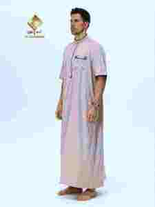 Al Haramain <b>Men</b> <b>Thobe</b> Stand Collar Short Sleeve Cotton Prayer Wear Floor Length Solid Color Modest Style - Product Image 2