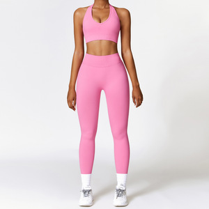 Venta al por mayor de ropa deportiva de yoga para mujer con logotipo personalizado 2 piezas conjunto Halter Sexy sujetador y en forma de <span class=keywords><strong>V</strong></span> Leggings de cintura alta gimnasio Fitness conjunto - Product Image 5
