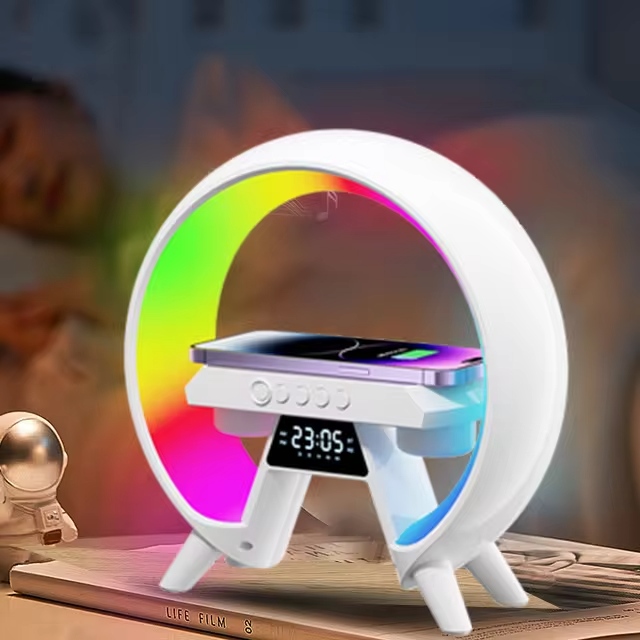 Multi-function Alarm Clock RGB Atmosphere Lamp Wireless Charger & BT Speaker for Home Decor Desk Clock Wake up Light
