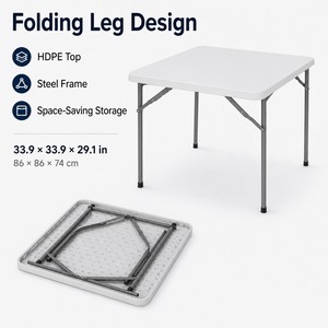 Mesa Plegable Cuadrada Moderna Comercial DDP de EE. UU., 33.9x33.9x29.1 Pulgadas, con Superficie de Plástico y Estructura Metálica, Muebles para Exteriores - Product Image 5