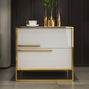 Modern Minimalist <b>Bedside</b> Table White Glass Gold Frame Bedroom <b>Storage</b> Nightstand - Product Image 1