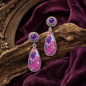 Orecchini retrò a forma di goccia con pietre intarsiate viola e bianche, regali per feste quotidiane da donna - Product Image 1