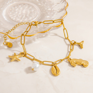 Bracelet à breloques tendance plaqué or 18 carats en alliage de zinc avec pendentif étoile de mer et perle, bijou cadeau - Product Image 4