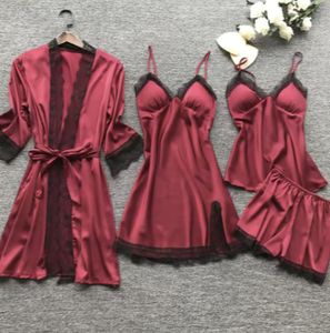 Vêtement de nuit en satin de haute qualité en gros, ensemble de vêtements de nuit pour femmes en 4 pièces, ensemble de lingerie, vêtement de nuit en soie - Product Image 5