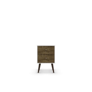 Table de chevet blanche en bois rustique brun, 2 tiroirs, style moderne du milieu du siècle, meubles de chambre à coucher - Product Image 5