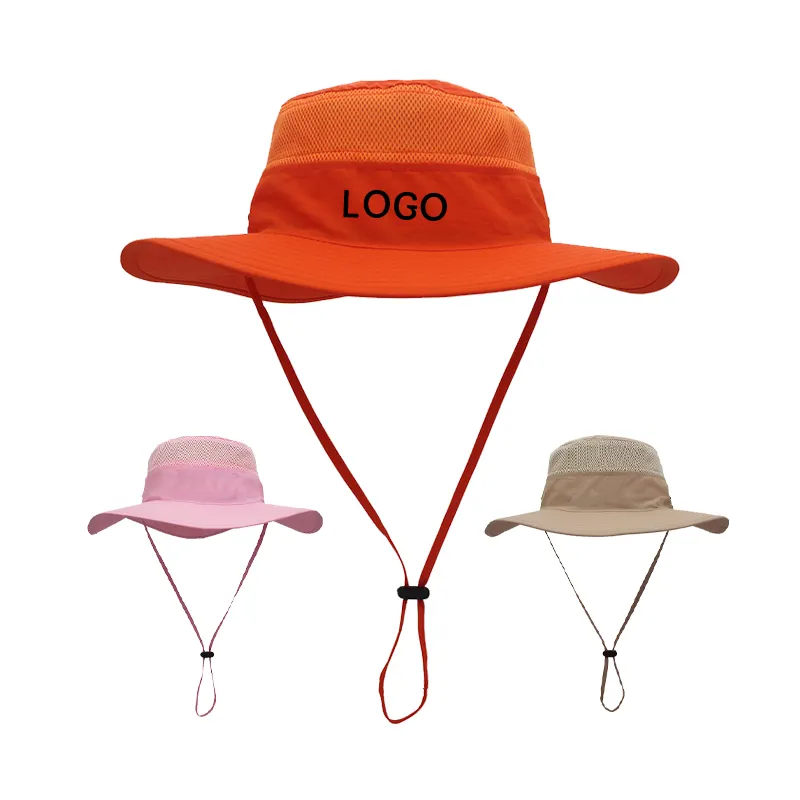 Sombrero de pesca plegable de calidad al por mayor barato sombrero Boonie liso de ala grande sombreros de cubo personalizados de algodón con cuerda