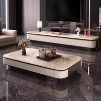 Ensemble Meuble TV et Table Basse en Pierre Microcristalline Moderne Luxe Léger, Fixation Murale ou sur Pied, pour Salon d'Appartement