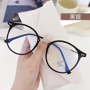 Monturas de gafas redondas de estilo coreano para mujer, tamaño mediano, lentes de PC, protección contra luz azul, lentes planas, negro y plateado - Product Image 1