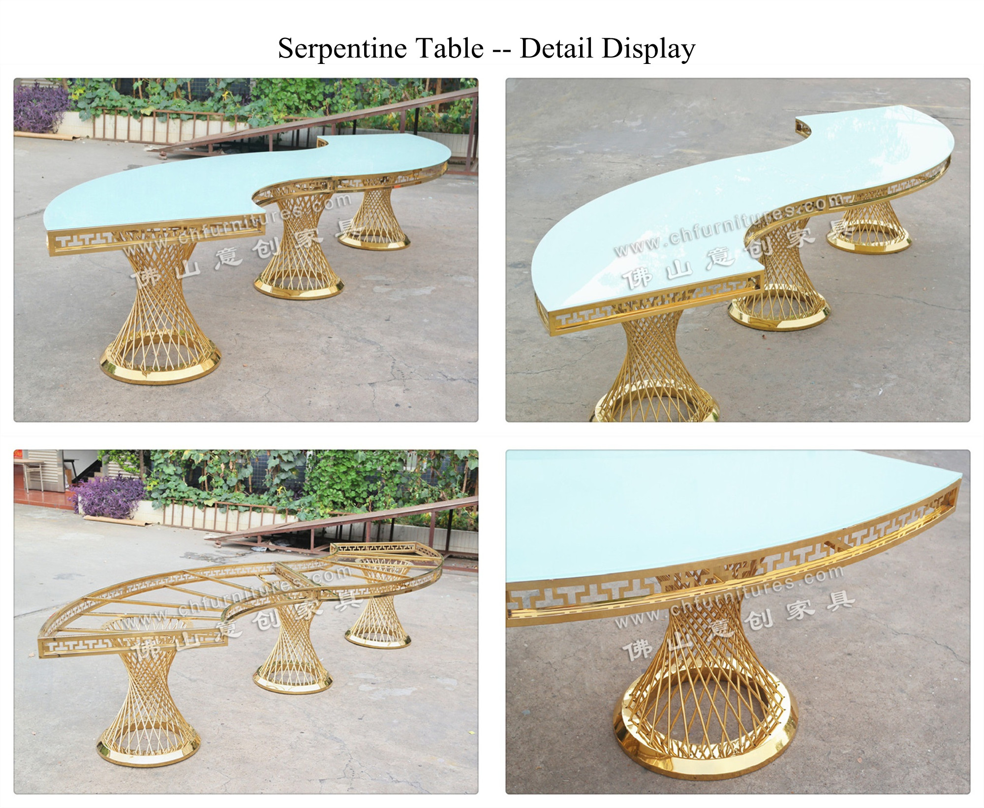 高級ホワイトサーペンタインテーブルミラーガラスバンケットホール