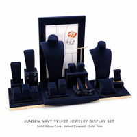 JUNSEN Ensemble de présentoirs à bijoux en velours bleu marine avec finition dorée, pour colliers, bagues, boucles d'oreilles et montres, pour présentation en showroom, vente en gros, OEM
