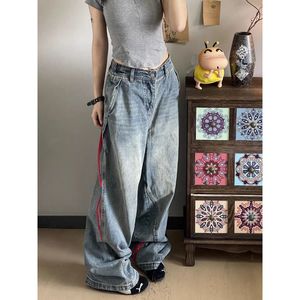 กางเกงยีนส์ผ้าฝ้ายทรงหลวมสไตล์อเมริกันย้อนยุคของ Hiromi สำหรับผู้หญิง คอลเลคชั่นฤดูใบไม้ผลิ/ฤดูใบไม้ร่วง ปี 2025 ลายทางเย็บต่อแบบใหม่ ทรงตรงขากว้าง - Product Image 1