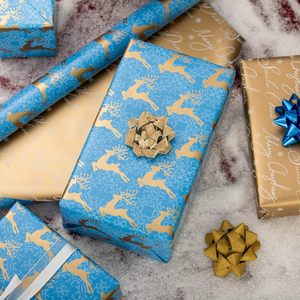 Reversible Blue Christmas Wrapping <b>Paper</b> <b>Roll</b> Gold Reindeer 17 In x 32.8 Ft Gift <b>Wrap</b> For Holiday Crafting - Product Image 4