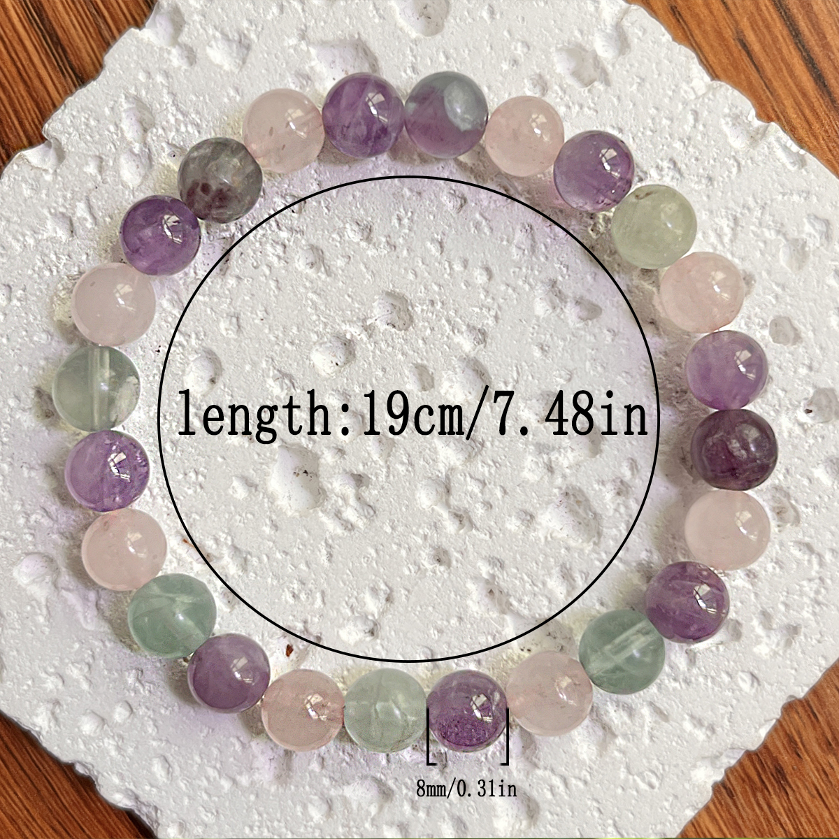 Bracelet de fluorite, améthyste et quartz rose de 19 cm