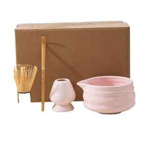 Japanese Japandi Style Eco-Friendly Ceramic Stoneware Matcha Bowl Set Bamboo Whisk Pink Color Gift <b>Box</b> High Quality Wholesale - Product Image 1