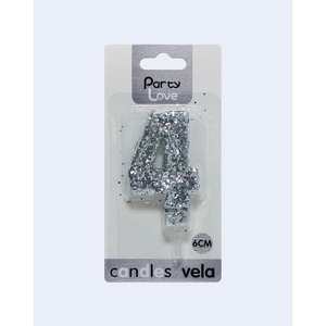 Vela Plateada con Purpurina para Fiestas, Número 4, 6 cm, Velas de Cumpleaños - Product Image 2